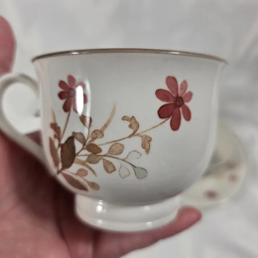 TWO Noritake Versatone Outlook Cup and Saucer Sets Pink Flowers Brown Leaves